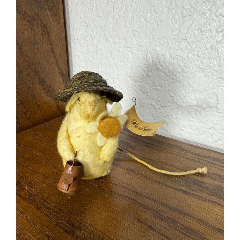 Vintage Primitive Needle-Felted Bunny with Watering Can & Straw Hat 3.75tall